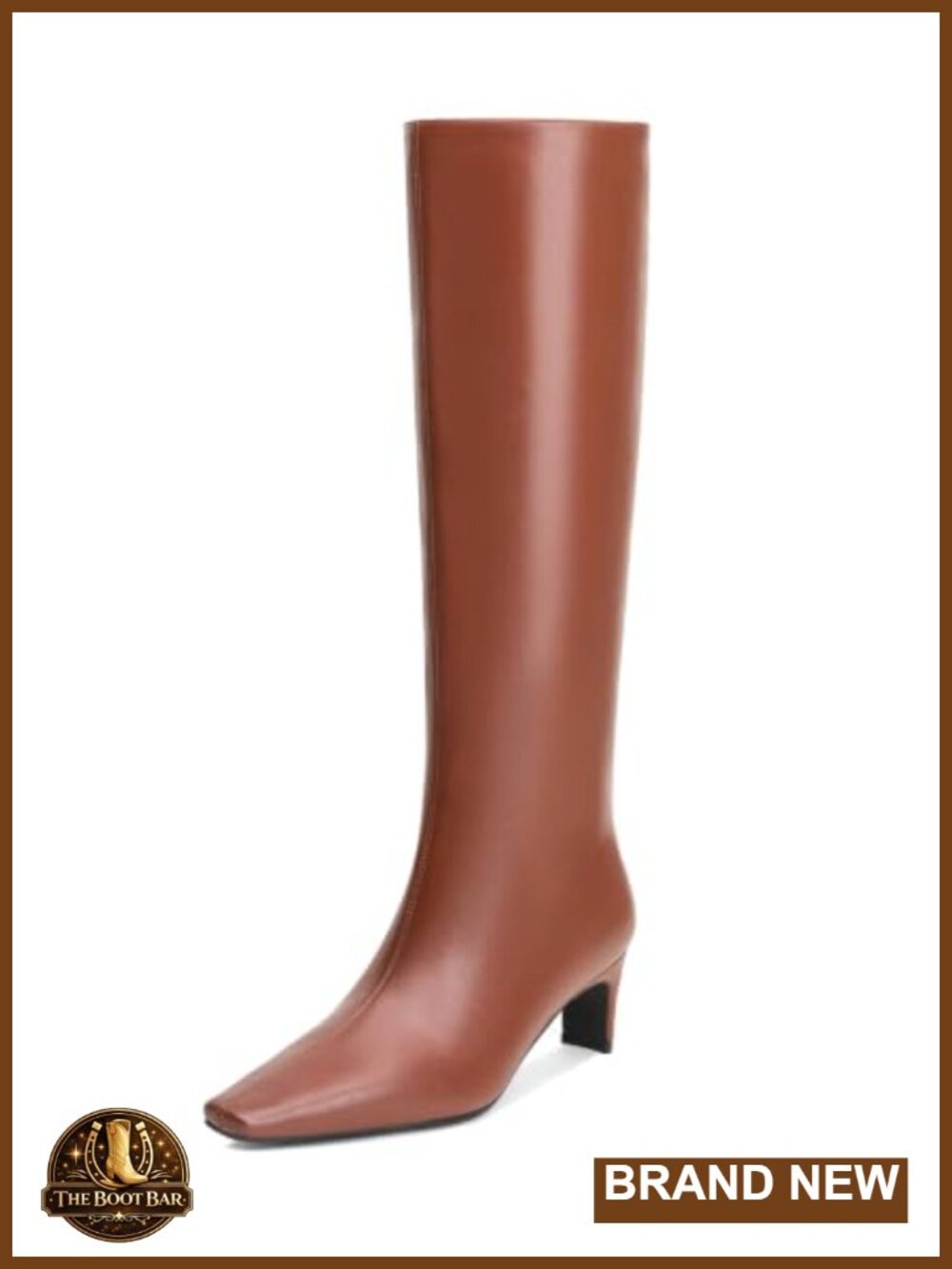 Faux Leather Knee High Boots Low Block Heel Pointed Square Toe Pull-On